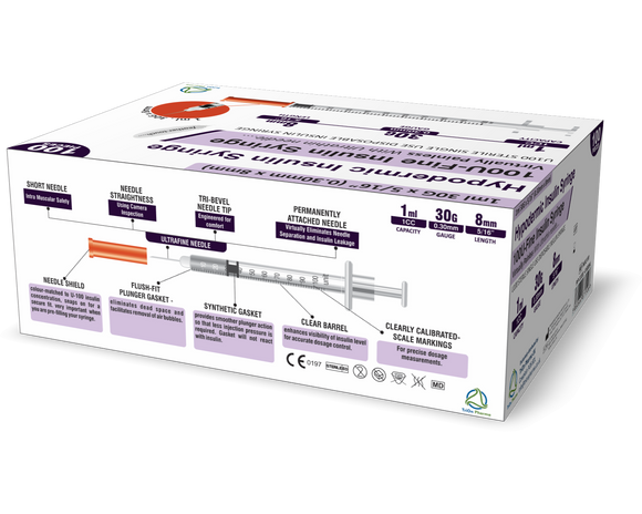 TriOn Pharma Ltd Hypodermic U100 1ml Syringe 0.30mm (30G) x 8mm - Box of 100