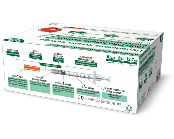TriOn Pharma Ltd Hypodermic U100 0.5ml Syringe 0.33mm (29G) x 12.7mm - Box of 100