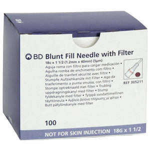 BD Blunt Fill Needles with Filter 18g x 40mm (1 1/2 inch) - Box of 100 (Ref: 305211)
