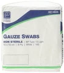 Premier Cotton Gauze Swabs, Non-Sterile, 8 ply, 10cm x 10cm, Pack of 100 (1660)