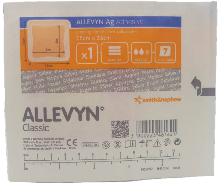 allevyn ag adhesive silver dressing Smith & Nephew Allevyn Ag Non-Adhesive Absorbent Silver Sulfadiazine Barrier Hydrocellular Dressing